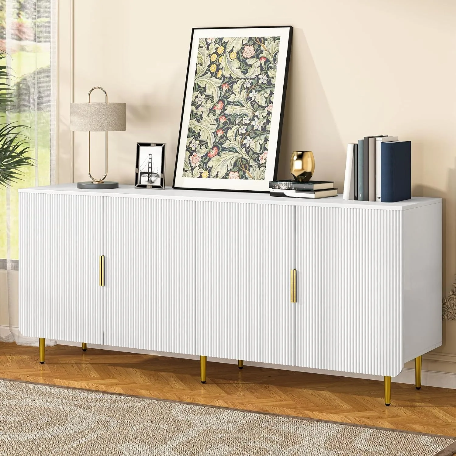 65" Fluted Sideboard Buffet Cabinet with Storage, White
