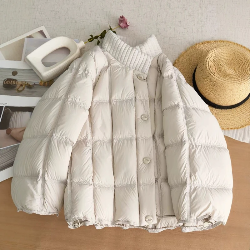 Short Checkered Down Jacket 2026 Winter New Fashion Casual Extremely Simple Splicing Puff Collar White Duck Down Women's Coat