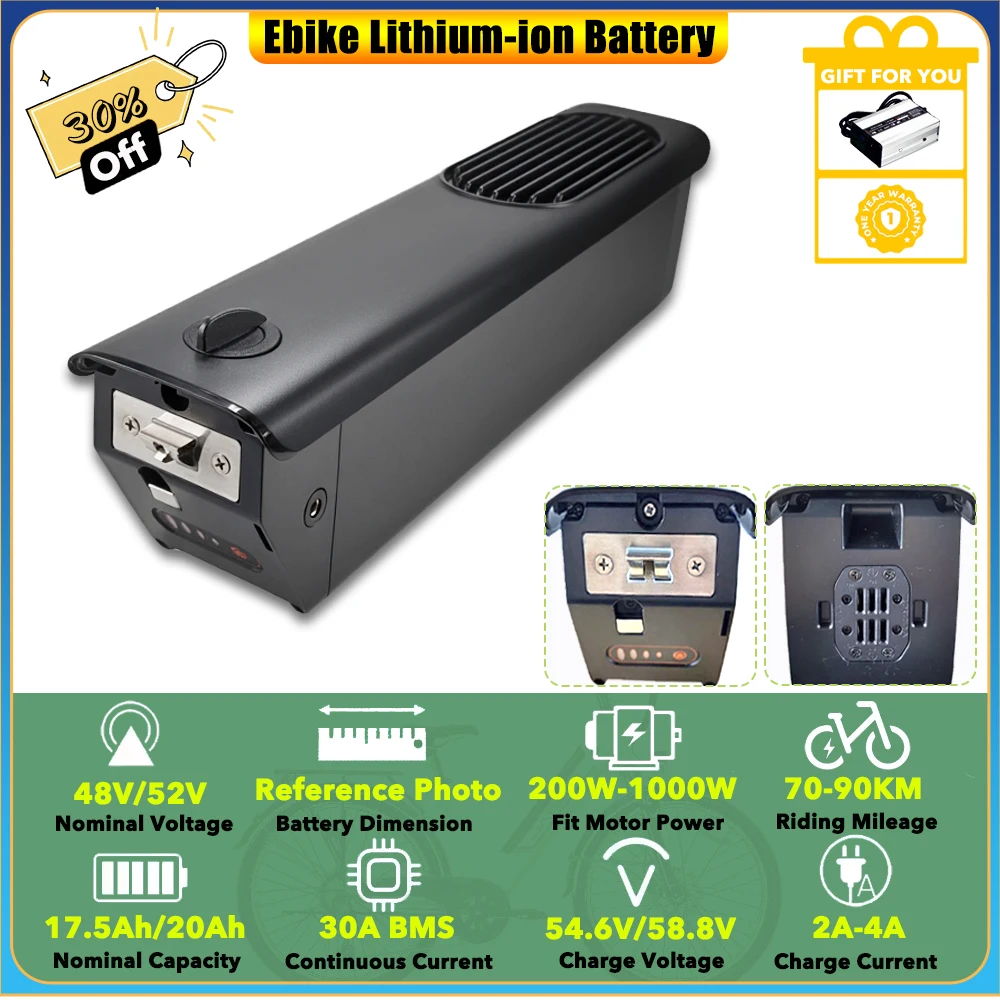 Removable 48V 15Ah 20Ah 52V 17.5Ah Inner Tube Replacement Lithium-ion Battery Pack for 250W Bodywel F20 Fat Tire Touring Ebike
