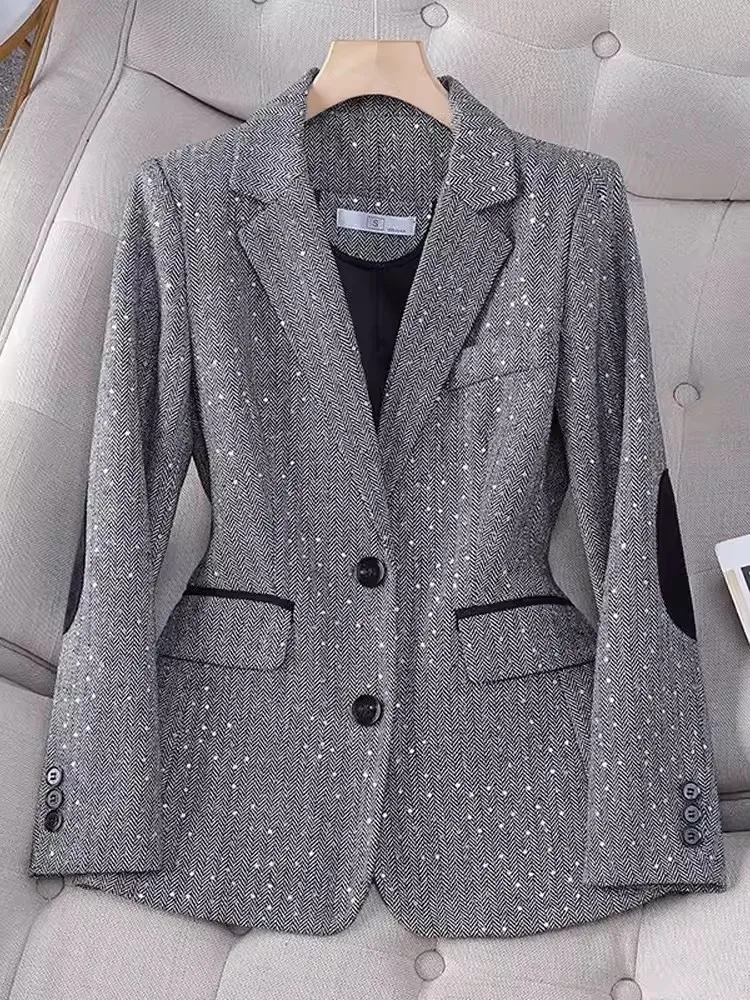 Grey Stitching Plaid Sequined Blazer Women\'s Spring and Autumn 2024 New Single-Breasted Fashion Elegant Professional Suit Jacket