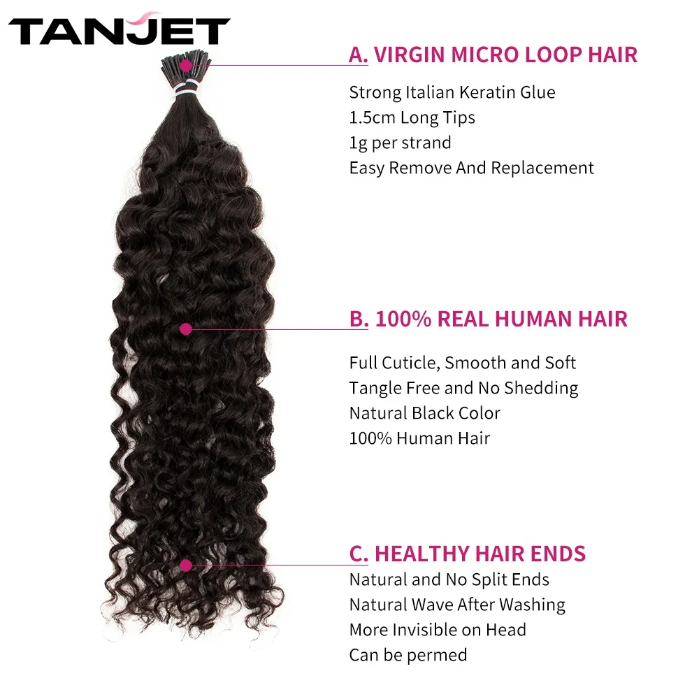 Water Wave I Tip Microlink Human Hair Extensions For Black Women Natural Curly Italian Keratin Capsule Micro Ring Hair Extension