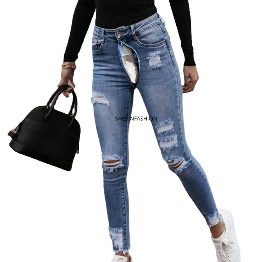 

Women's Street Jeans High Waisted Skinny Destroyed Ripped Hole Denim Open Crotch Pants Long Stretch Pencil Trousers Outdoor Sex