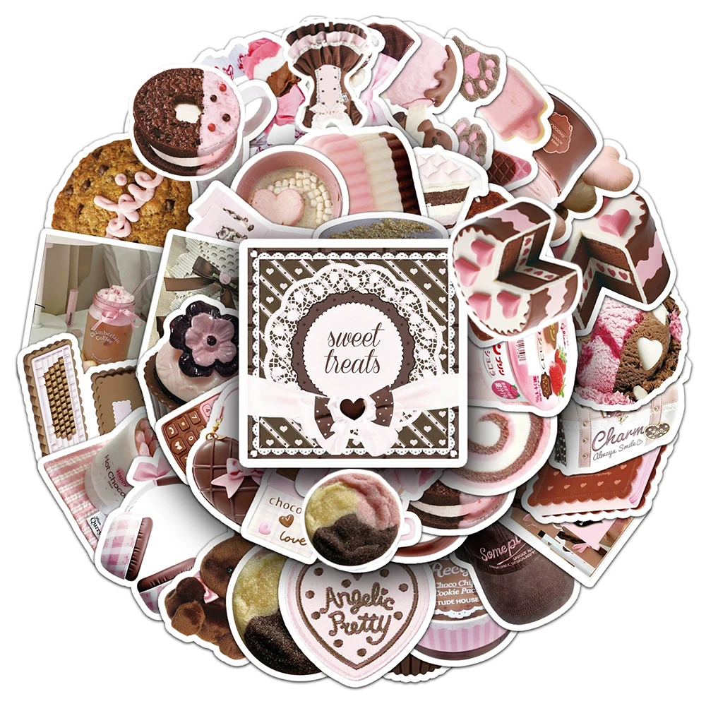 10/30/50pcs INS Style Pink Brown Aesthetic Dessert Stickers Cute Decals DIY Scrapbook Guitar Laptop Waterproof Graffiti Sticker