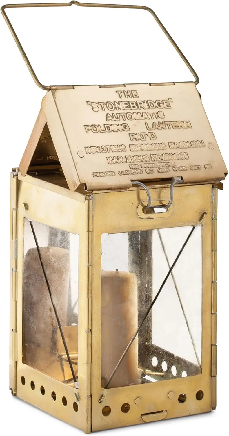 

Vintage Brass Folding Camping Lantern with Hanging Handle - Collapsible Portable Lamp for Emergency Candles and Survival Gear
