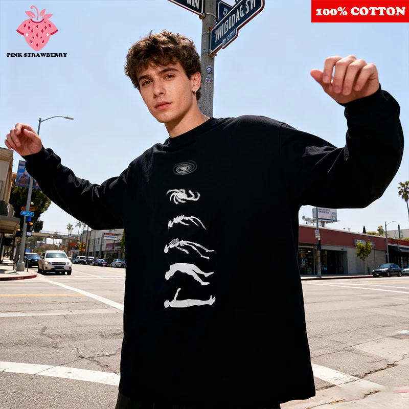 

American Abstract Pattern Print T-shirt Men 2025 Autumn New 100% Cotton White Long Sleeves Oversize T-shirt Y2k Top Men clothing