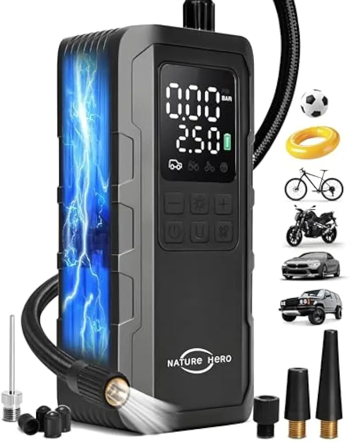 

Portable Air Compressor - 150PSI Cordless Tire Pump with Gauge & LED Lights for Car, Bike, Balls
