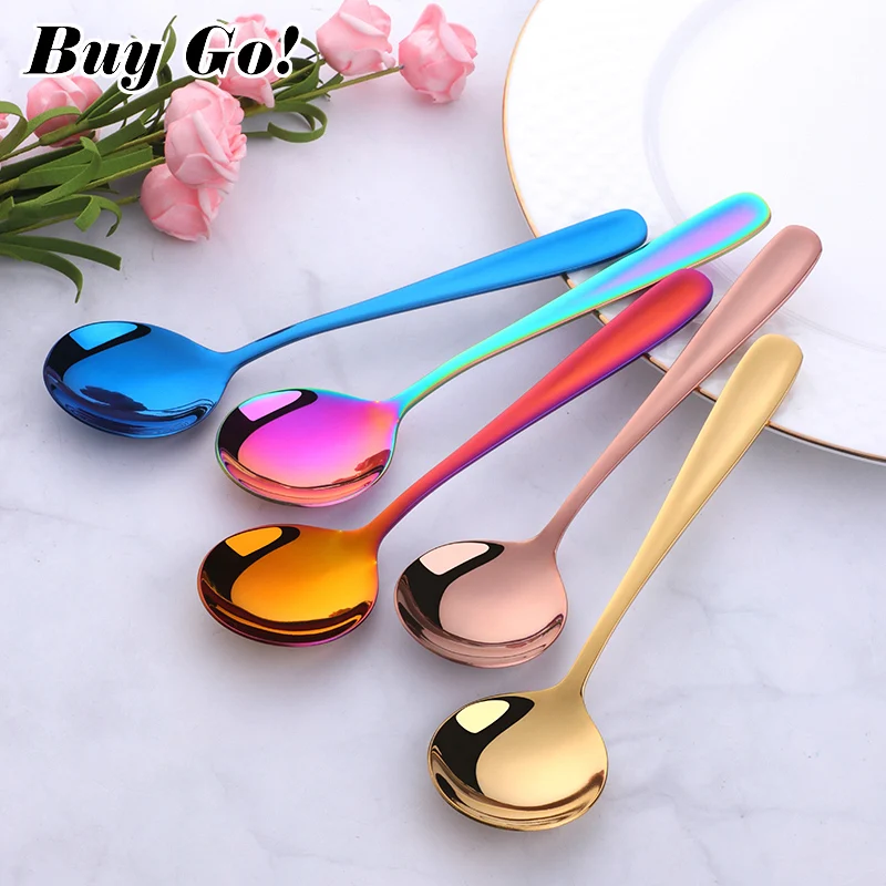 1PC Stainless Steel Round Spoon Gold Small Soup Spoon Dinner Server Flatware Tea Coffee Dessert Dinnerware Party Restaurant Tool