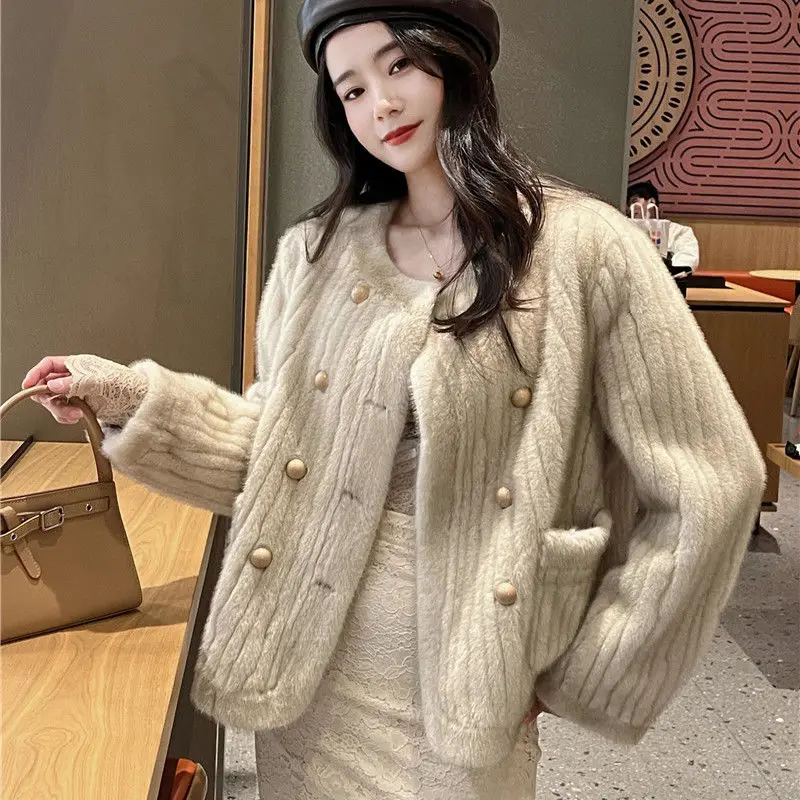 

New Style Female Round Neck Double-breasted Imitation Mink Hair Vertical Grain Fluffy Coat Eco-friendly Fur for Autumn and Winte