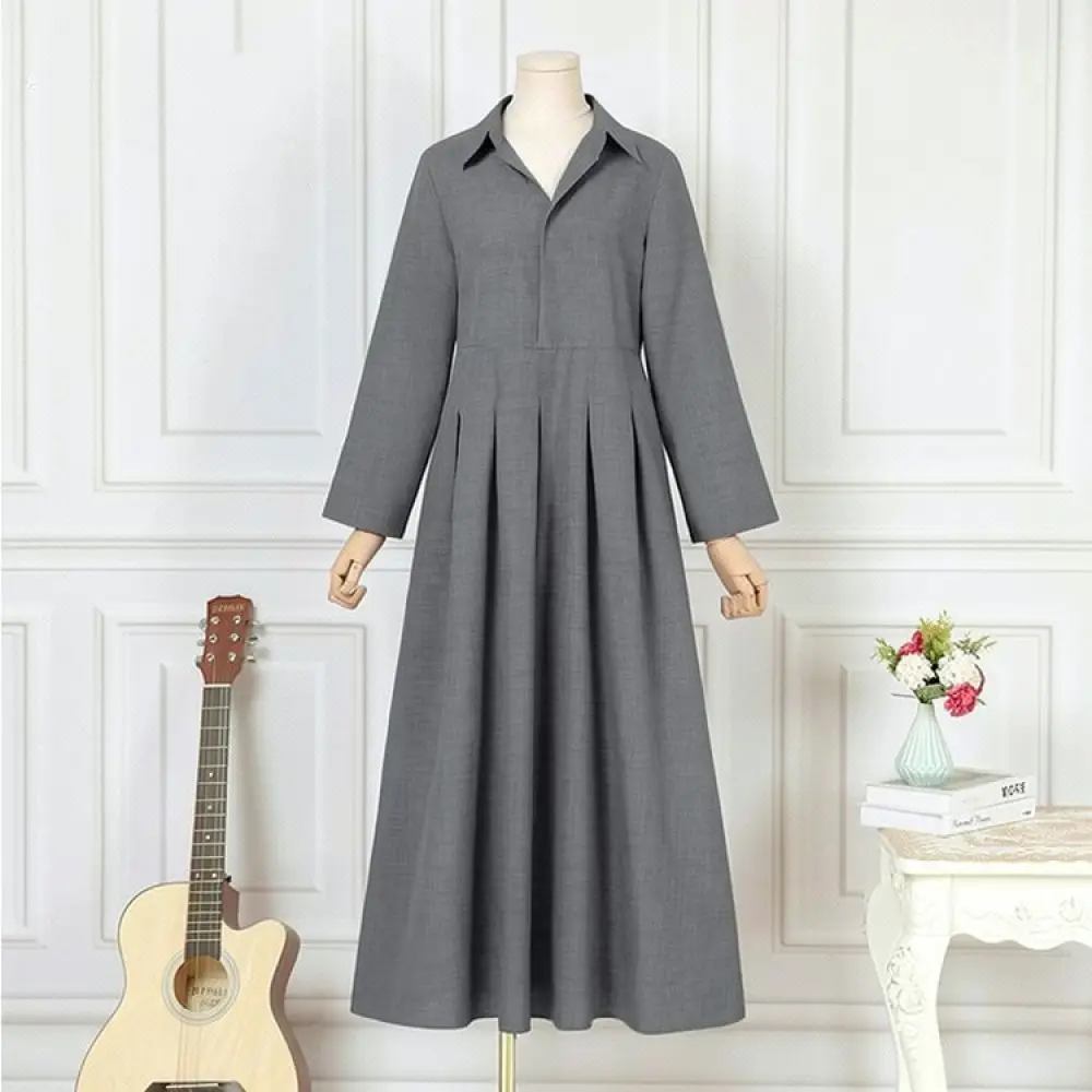 Elegant Women Long Sleeve Dress Spring Summer Casual Loose Fit Polo Collar Solid Color Breathable Soft Fabric Fashion Clothes