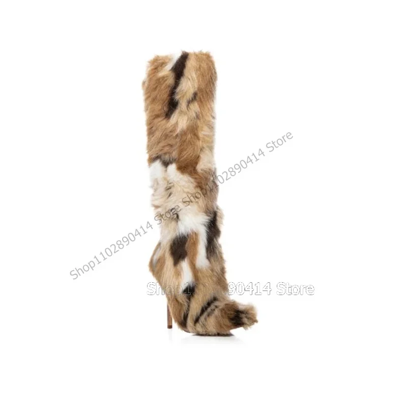 Mixed Color Fur Decor Pointed Toe Boots Knee High Slip On Women Shoes Thin High Heels Novel Warm Winter 2026 Zapatos Para Mujere