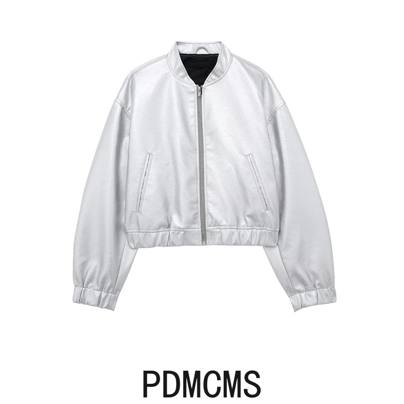 ZR European and American style women\'s imitation leather metal bomber jacket jacket women coat women denim jacket