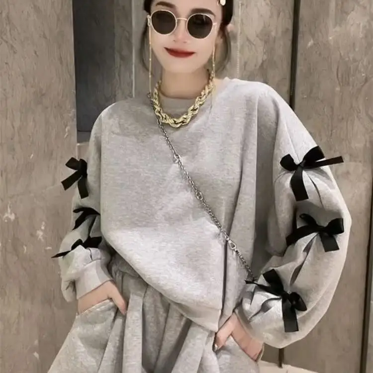 Korean style bow design sweatshirt new suit loose 2024 slim spring fashion long-sleeved round neck suit k pop clothes