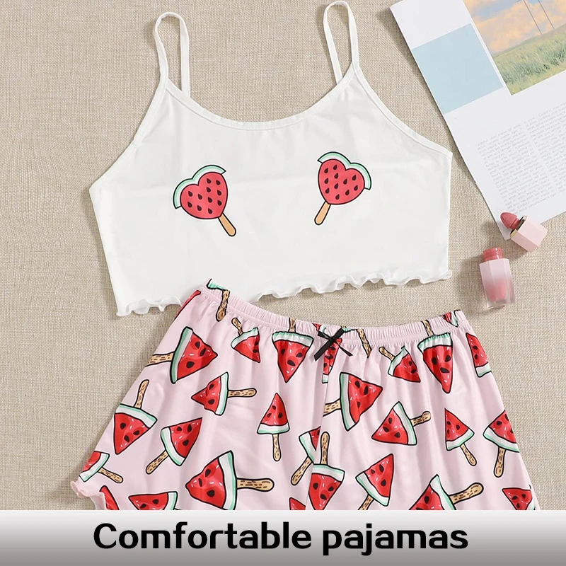 Summer New Comfortable Two-Piece Milk Silk Pink Printed Watermelon Suspender Sexy Women\'s Home Sleepwear Set