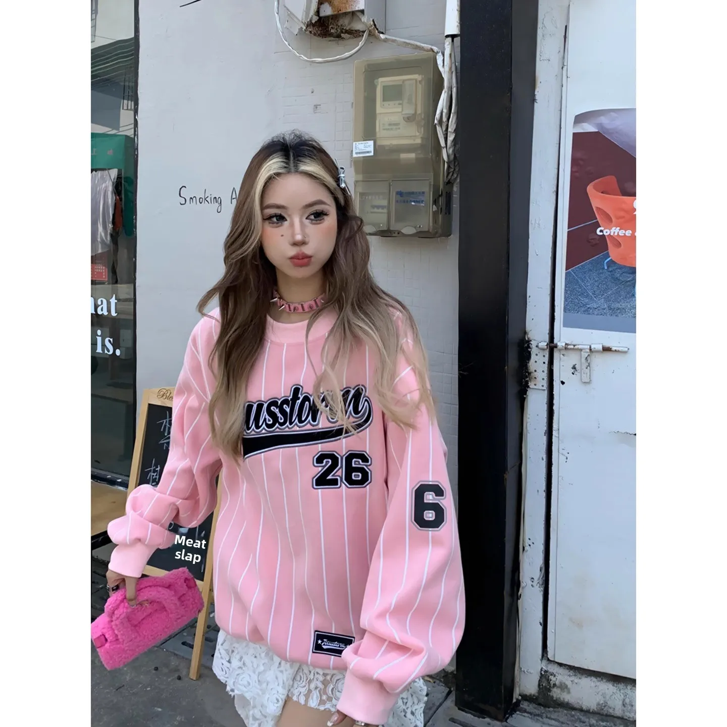 فضفاض النمط الأمريكي الرياضي الوردي إلكتروني التطريز المشارب جولة الرقبة المرأة طبقة الهواء النسيج البلوز عارضة الترفيه بولي... #1