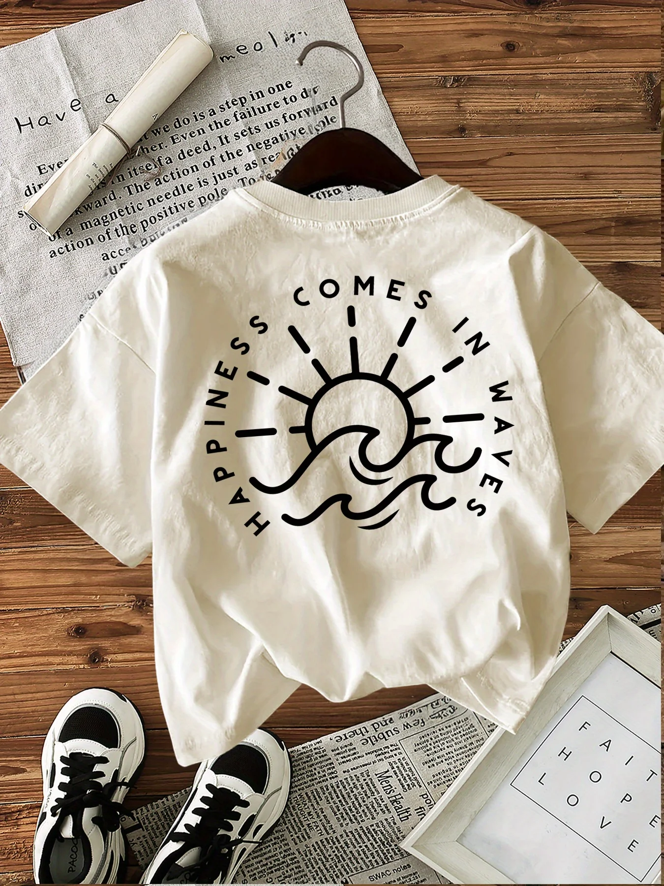 Happiness Comes in Waves T-Shirt Summer Women's Tracksuit O-Neck Pullover Top Breathable Sportswear Harajuku Fashion Streetwear