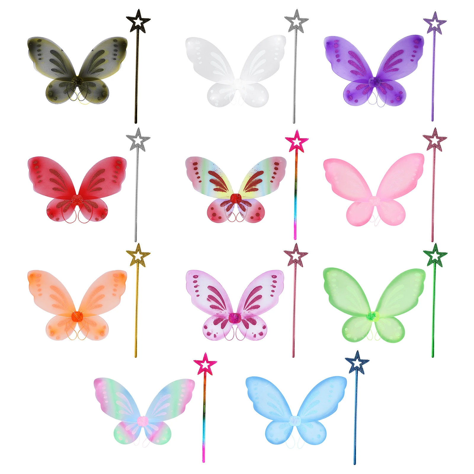 Glitter Butterfly Fairy Wings with Plastic Star Shape Fairy Stick Wand Princess Angel Wing for Halloween Cosplay Costume Decors