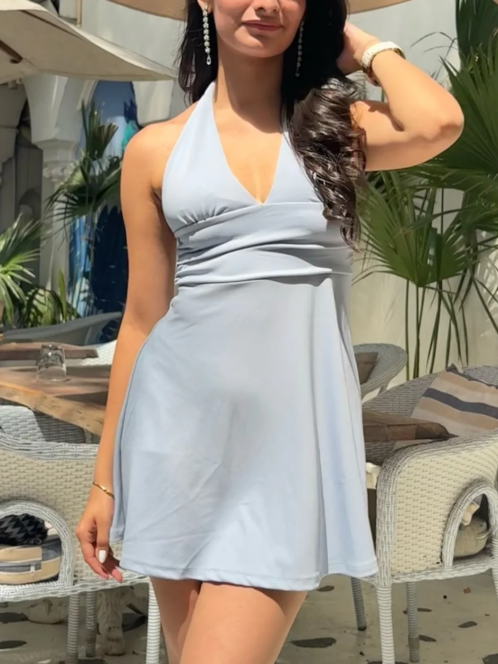 

Women's Vintage Backless Sexy Mini Dress V Neck Flared Hem Beach Style High Waist Sleeveless Short A-Line Skirt Vacation