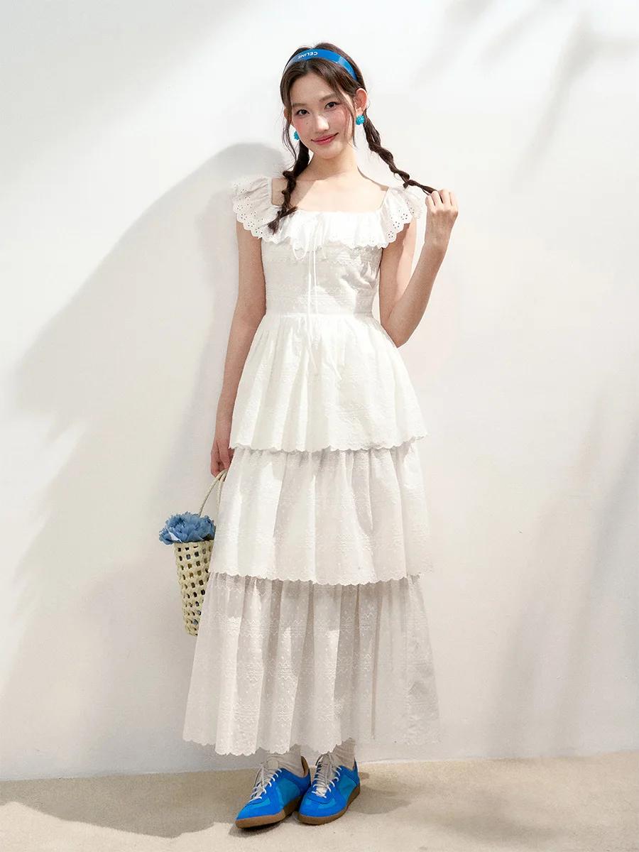 

Romantic Lace Trim Overlap Cake Dr Women's Design Sensation Waist Cinching Slimming Long Dr French Sle Spring Summer