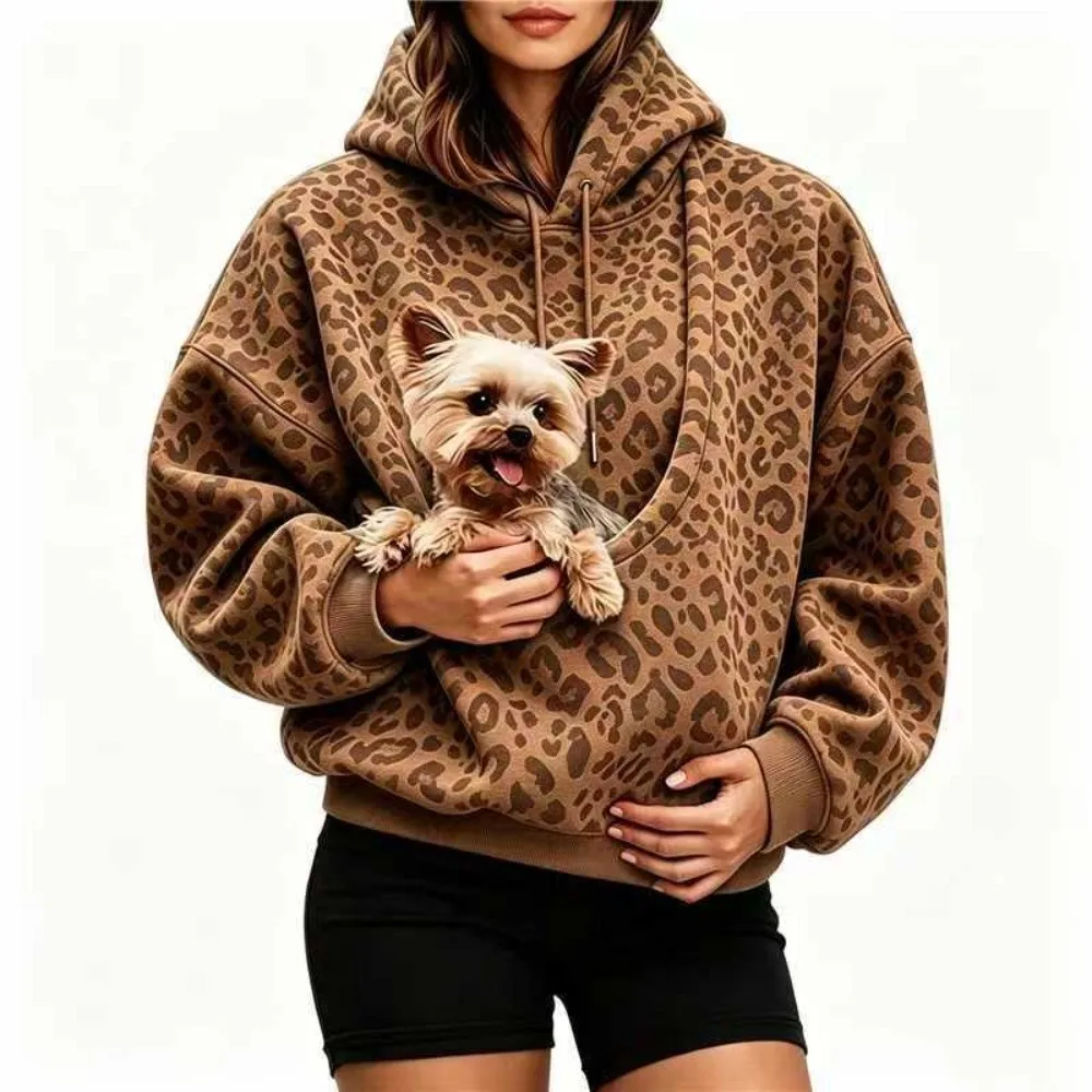 Leopard Print Sweatshirt Oversized Double Layer Hood Pullover Sweatshirt Portable Pet Pocket Loose Shoulder Pet Pouch Sweatshirt