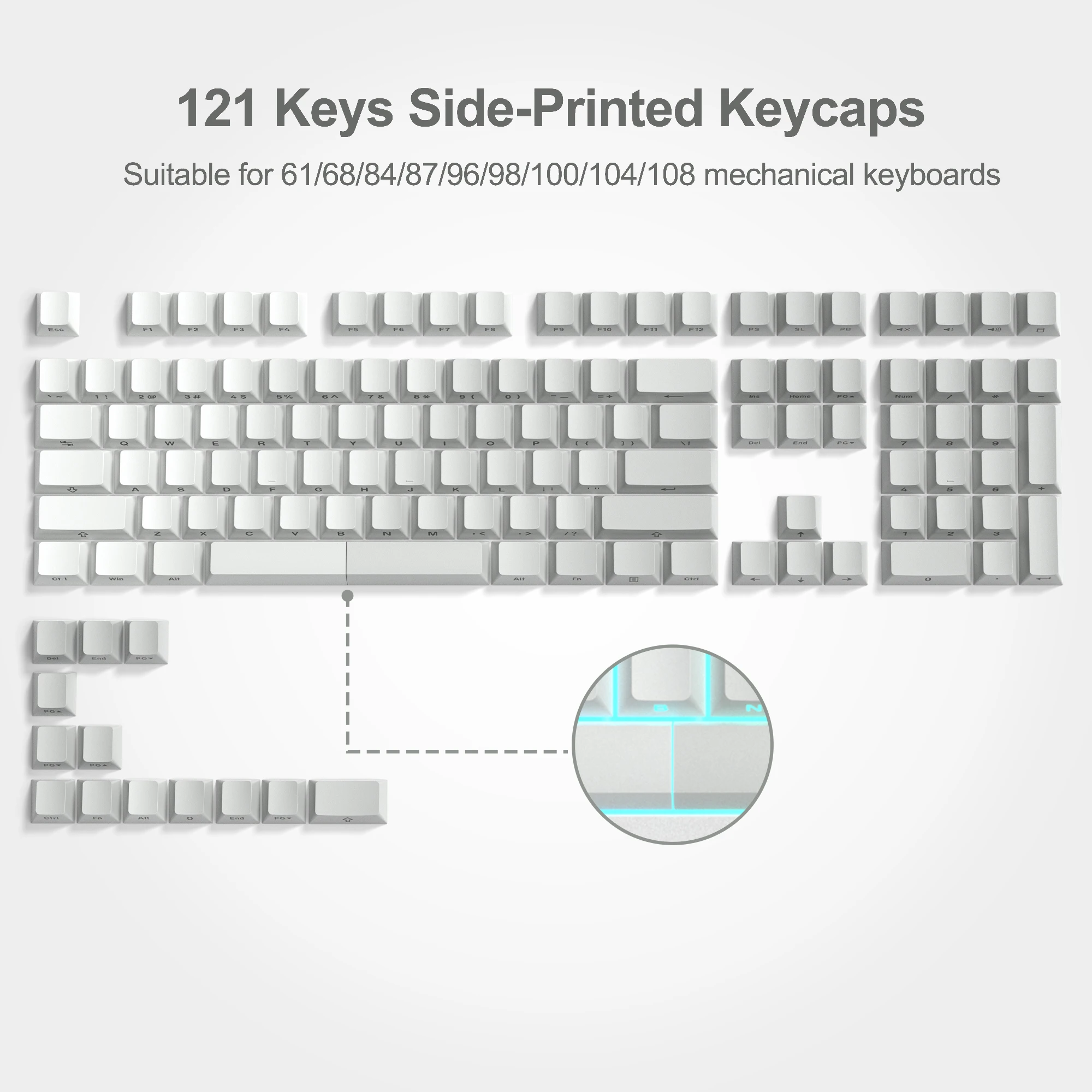 121 Key Gradient Gray White PBT Double Shot Side Print Shine Through Backlit keycaps For MX Mechanical Keyboard 108 87 84 64 61