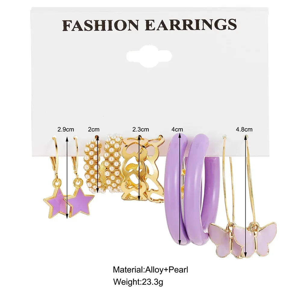 6 Pairs Purple Earring Set 6-Piece Set C-shaped Hollow Butterfly Dangle Earrings for Women Girls Jewelry for Birthday/Valentine'