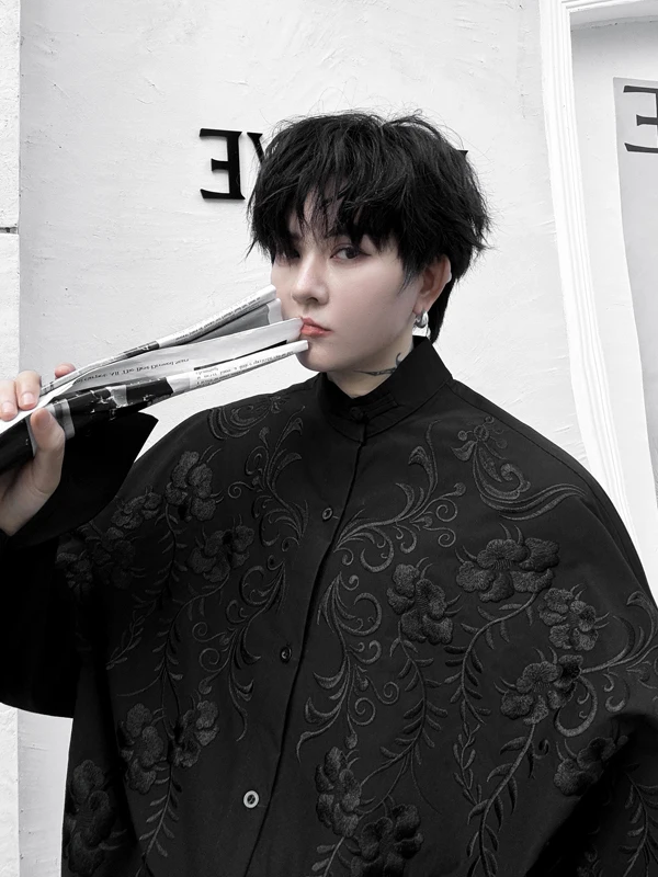 

Мужская рубашка с длинным рукавом и вышивкой, свободного кроя, премиум-класса, с воротником-стойкой, в новом китайском стиле, модная трендовая рубашка