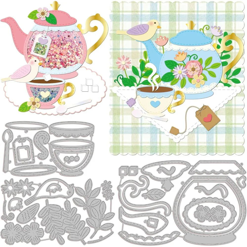 Afternoon Tea Cutting Dies Flowers Carbon Steel Stencil Template Bird Leaves Die Cuts Stencils Cups Mental Cutting Dies for DIY