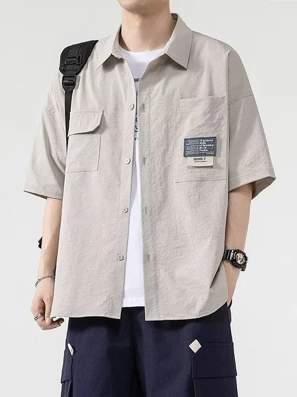 Men's Short Sleeve Ice Silk Casual Shirt Summer Lightweight Breathable Polyester Fiber Workwear Jacket Regular Fit Loose Style