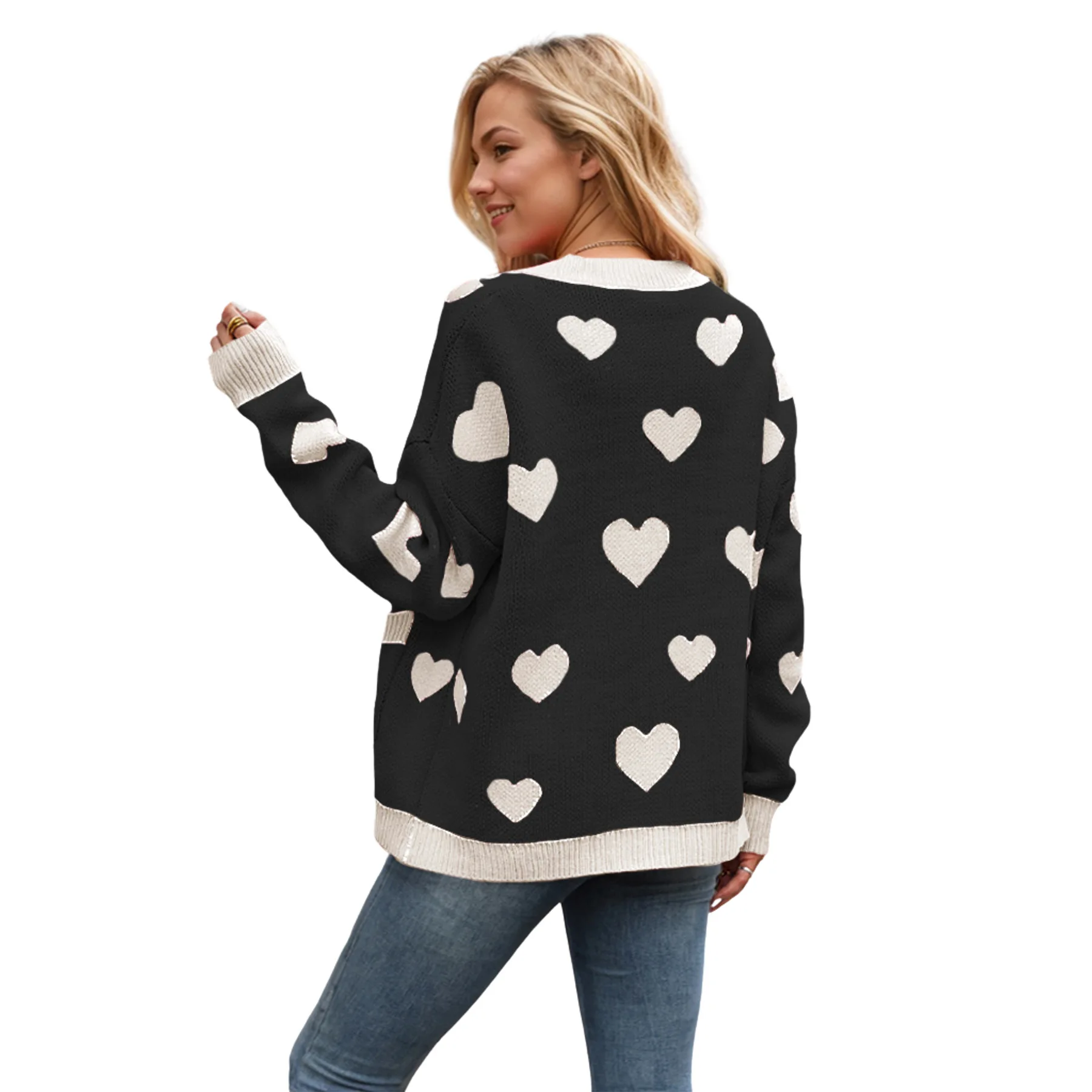 Jersey de punto con cuello en V y bolsillo para mujer, cárdigan con corazón y melocotón para el Día de San Valentín