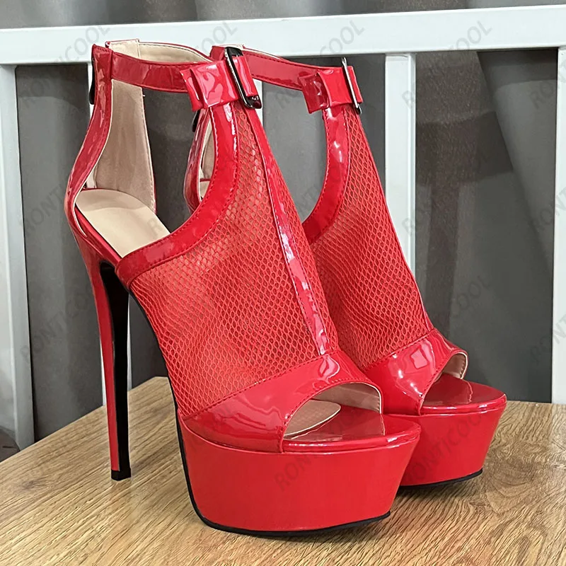 Ronticool Real Photos Women Platform Sandals Sexy High Heels Back Zipper Peep Toe Pretty Red Party Shoes Ladies US Size 5-20