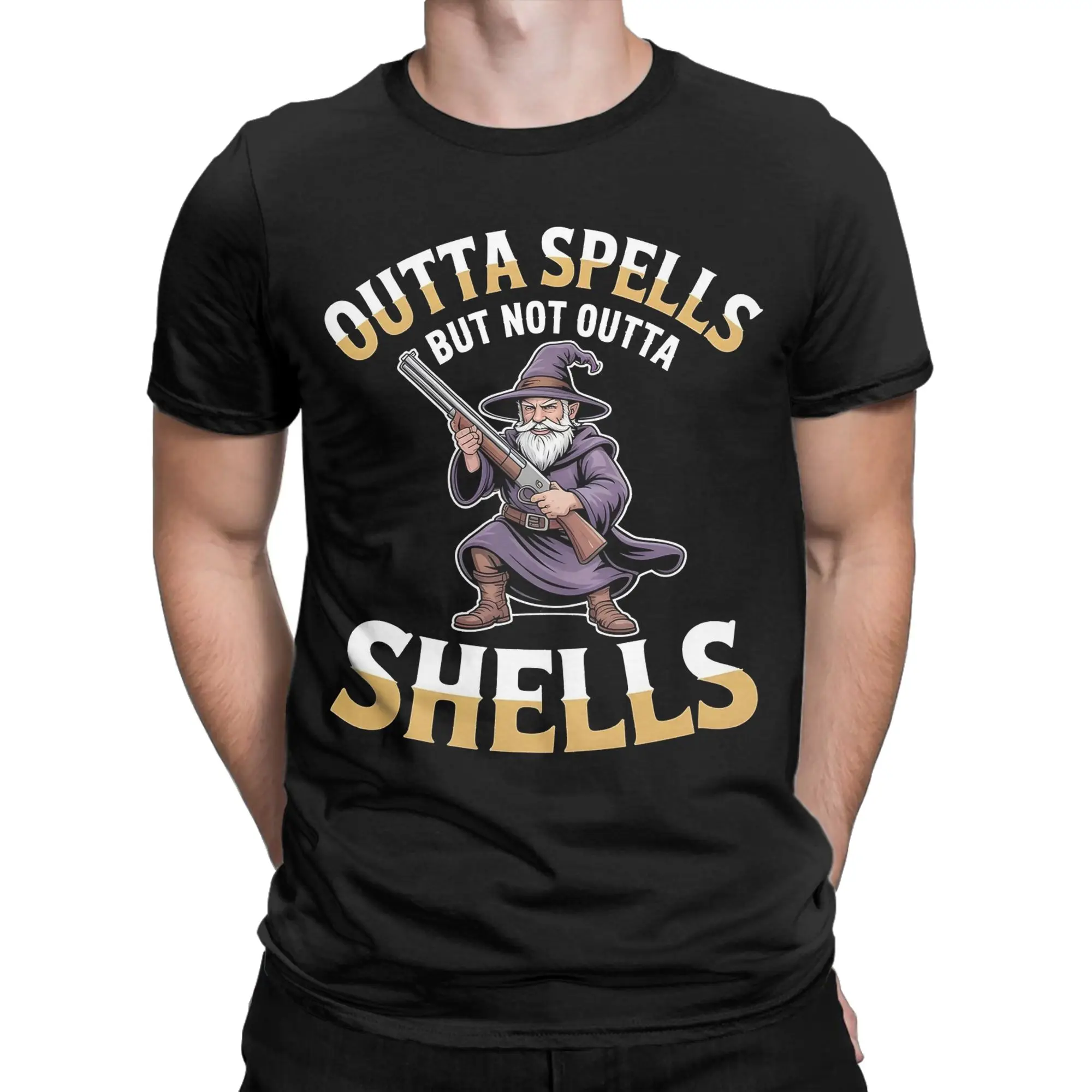Outta Spells But Not Outta Shells Wizard Meme T Shirt Men's  Cotton Unique T-Shirts O Neck  Tees Short Sleeve Clothes Plus Size