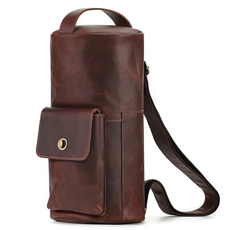 

Genuine Leather Crossbody Chest Bag Leisure Mens Cylindrical Messenger Bags Cowhide Male Travel Hiking Shoulder Daypack for Man