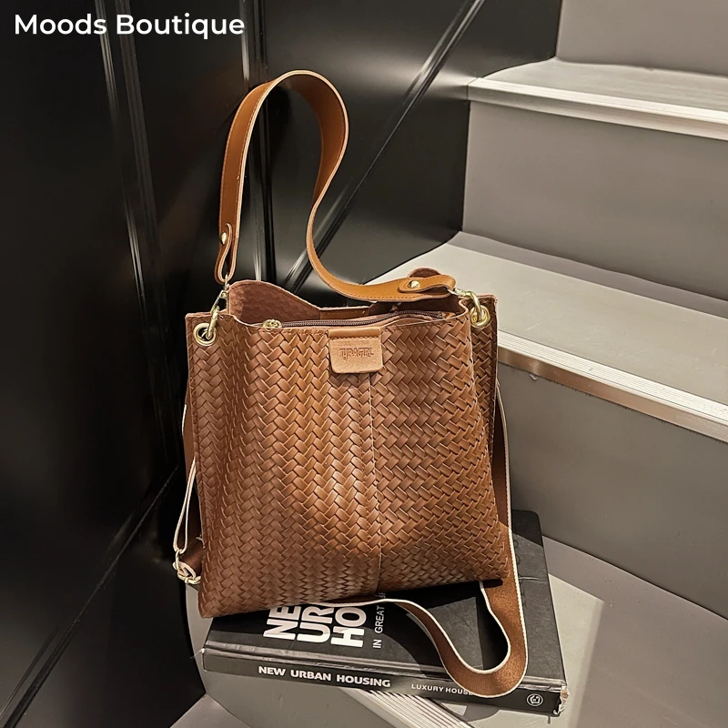 

MOODS Woven Design Shoulder Bucket Bags For Women Retro Soft PU Leather Big Capacity Shopper Totes 2025 Designer Handbags Luxury