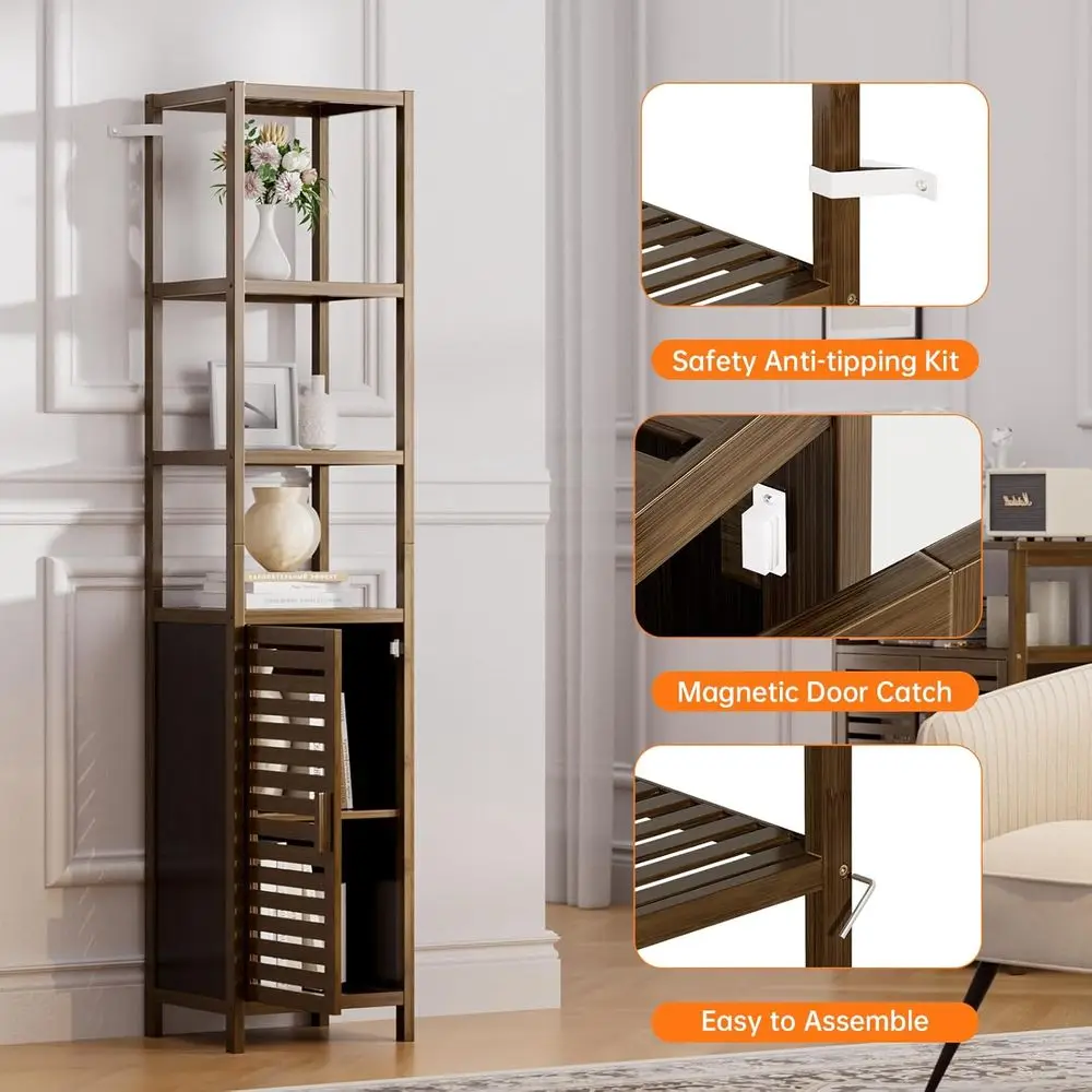 Mobiletto a 6 Ripiani in Bambù e Noce per Stoccaggio Salvaspazio con Ripiani Rimovibili