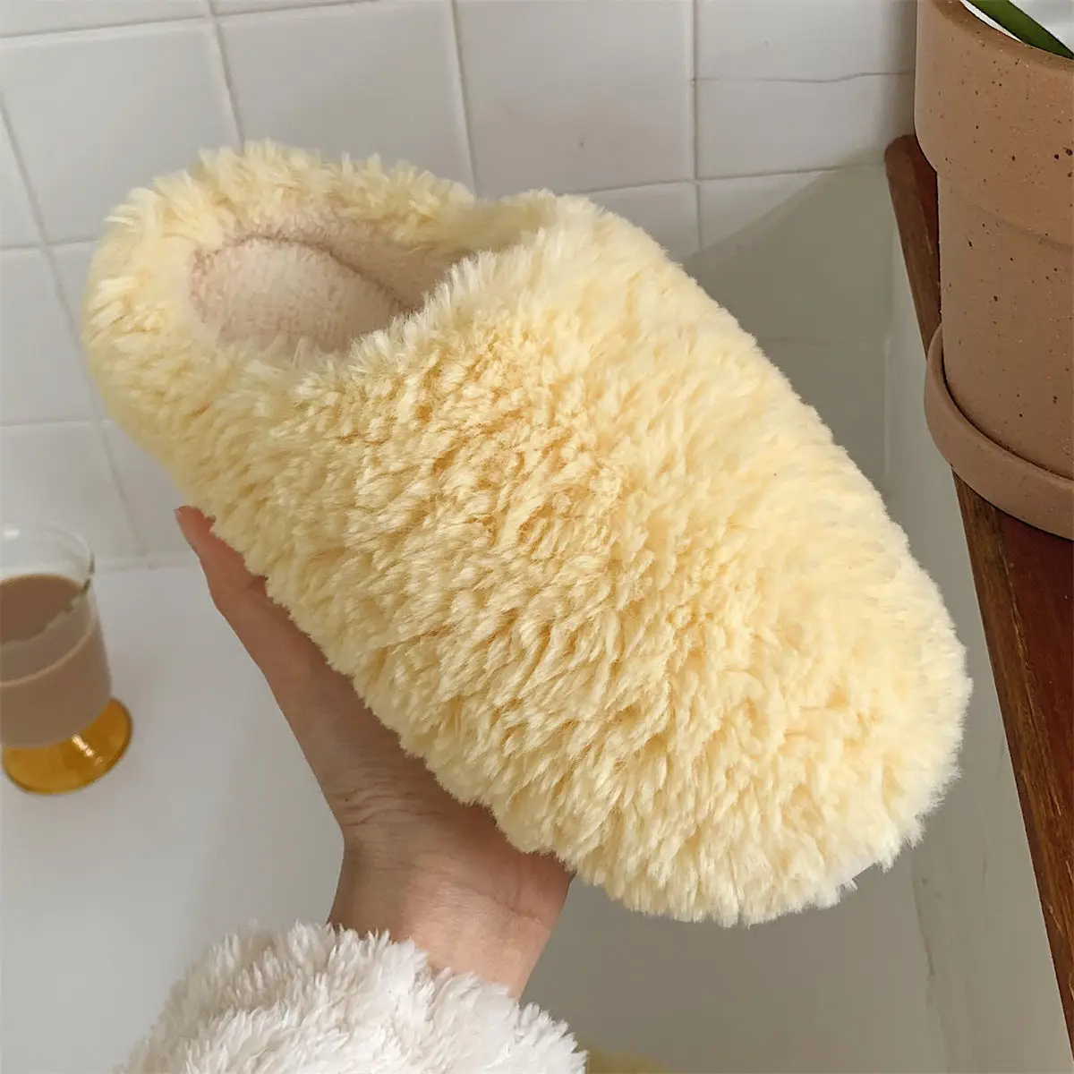 Winter Fur Slippers For Women Plush Fleece Flat Slippers Sweet Indoor Cotton Shoes Home Couple Slides