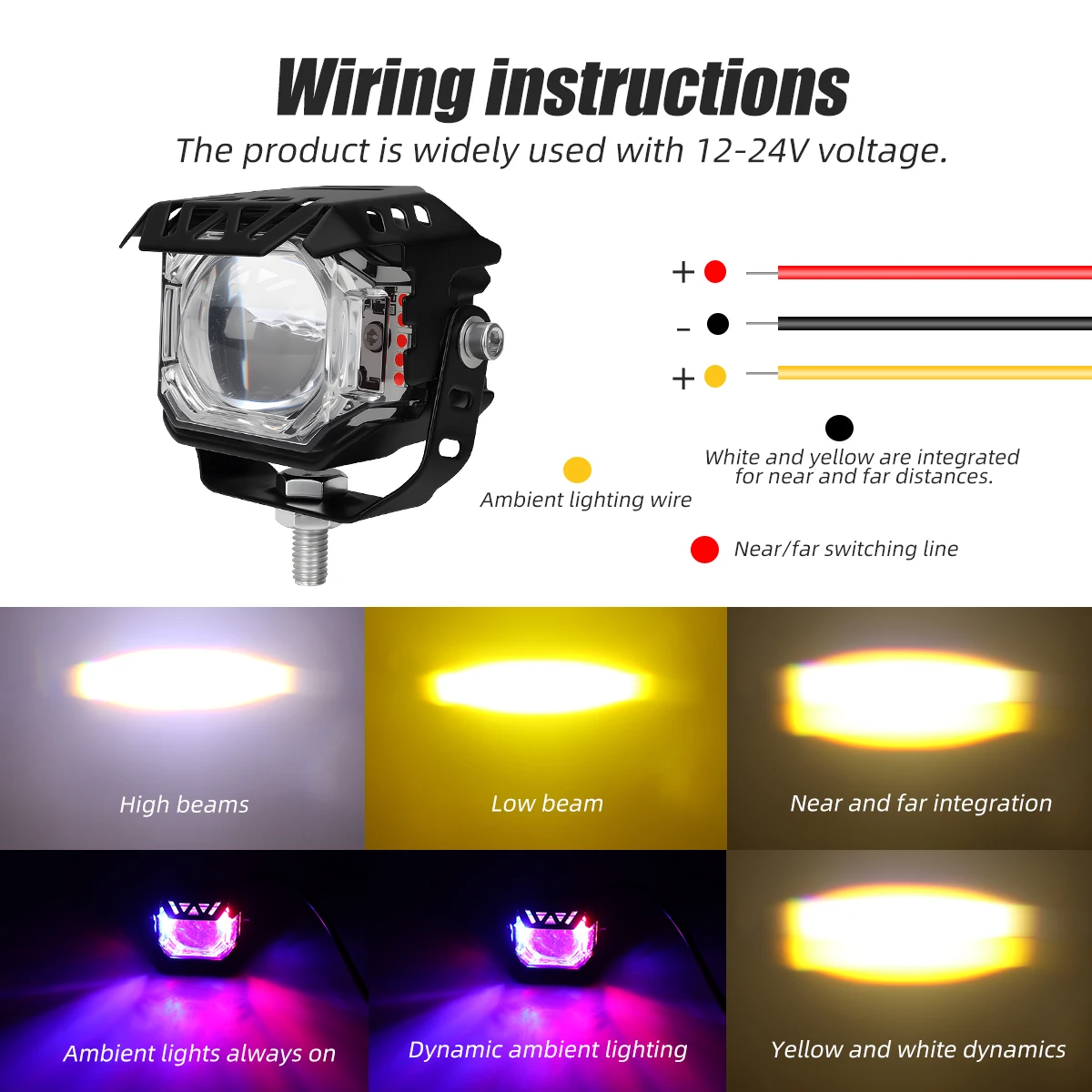 Motorcycle LED Large Lens Spotlight White Yellow High Low Beam LED Colorful Flashing Light Universal for Trucks SUV ATV Cars
