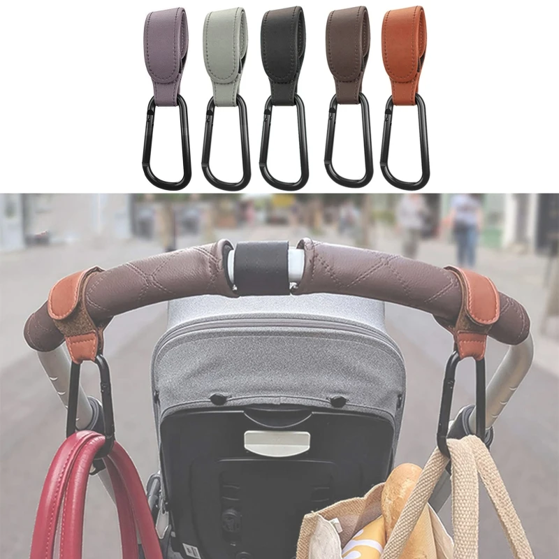 Practical Stroller Hooks Adjustable Strong PU Leather Aluminum Carabiner D5QA