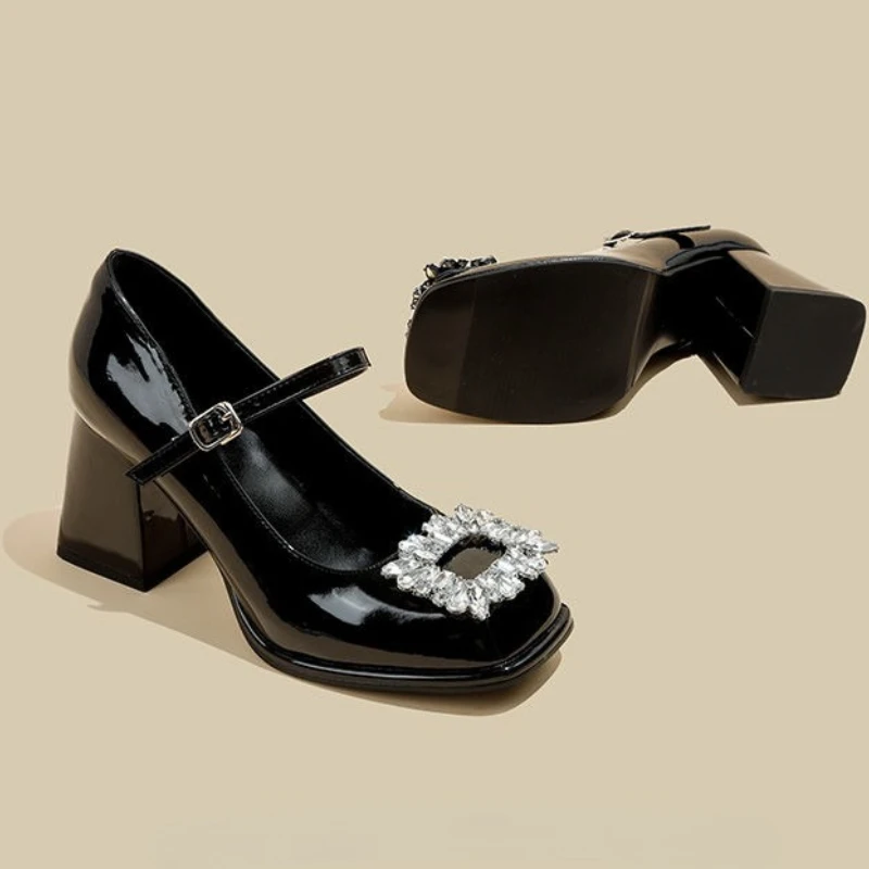 

Women French Style Chunky Heel Mary Jane High Heels Black Patent Leather Square Toe Rhinestone Elegant Sexy
