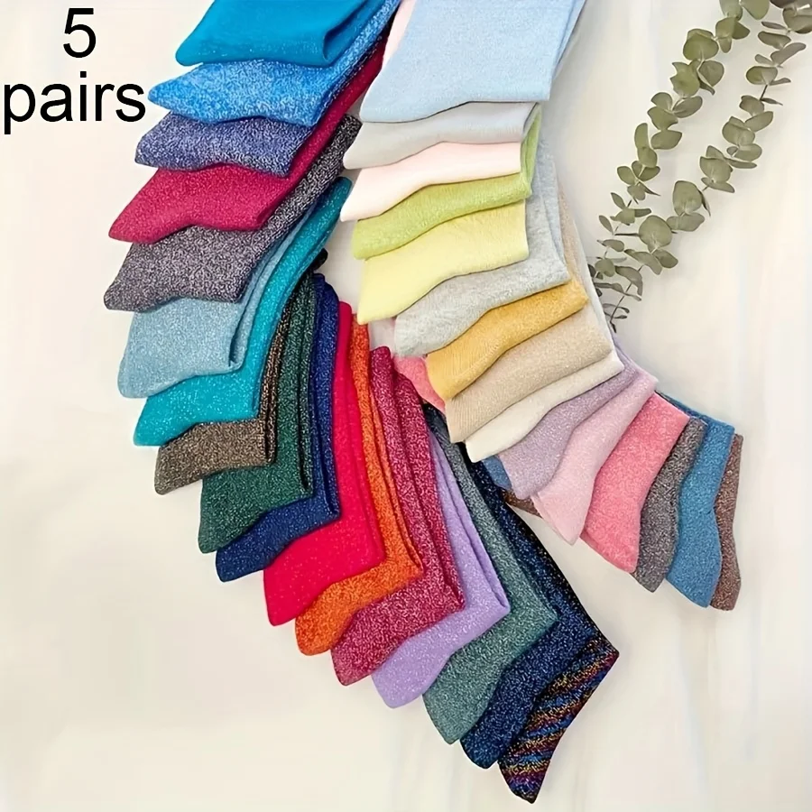 

5 пар модных и удобных женских носков для вечеринок, персонализированные и блестящие носки средней длины ярких цветов в студенческом стиле