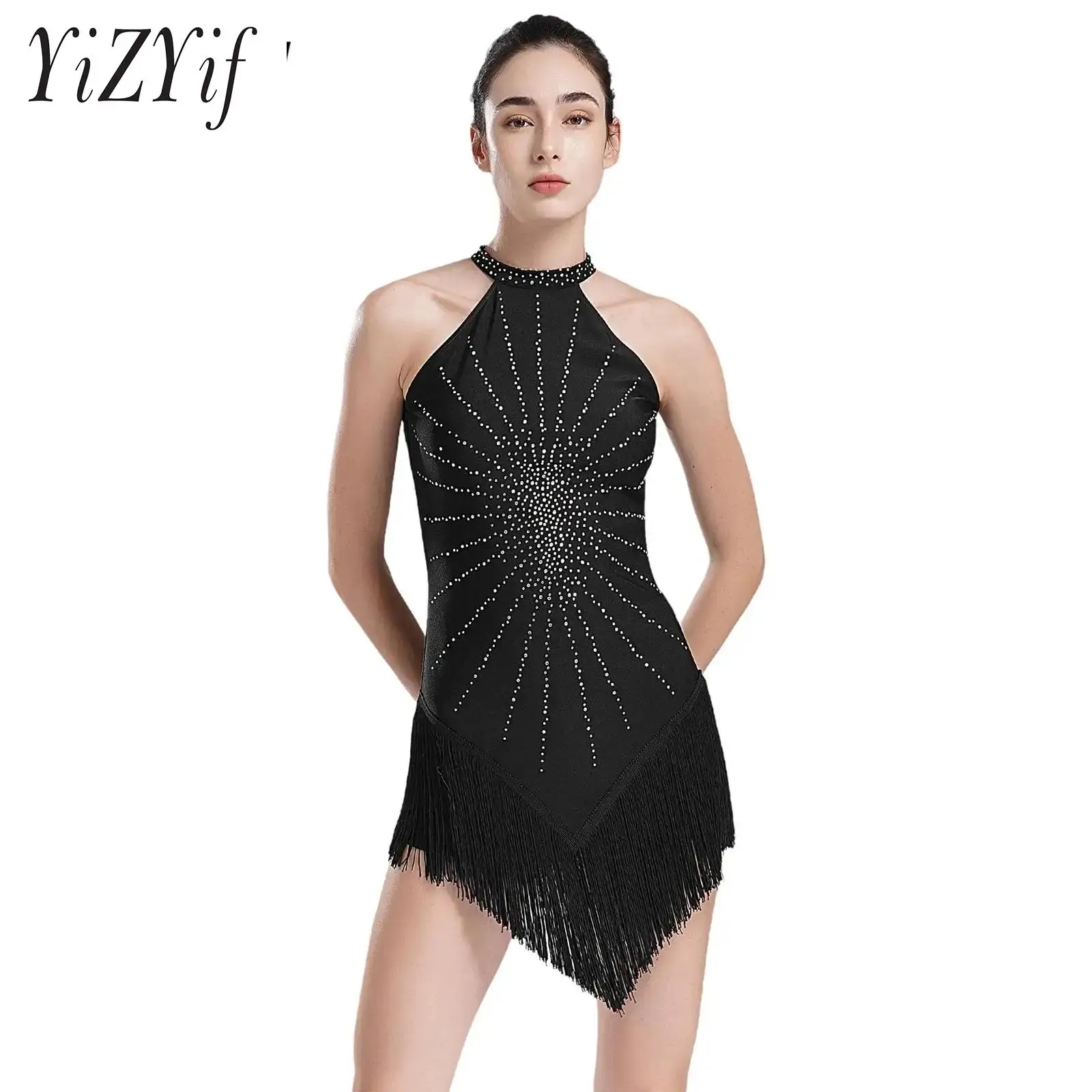 

Women Latin Tango Ballroom Dance Costume Sleeveless Sequins Tassel Backless Dress Chic Sparkle Sequins Sparkly Latin Dance Dress