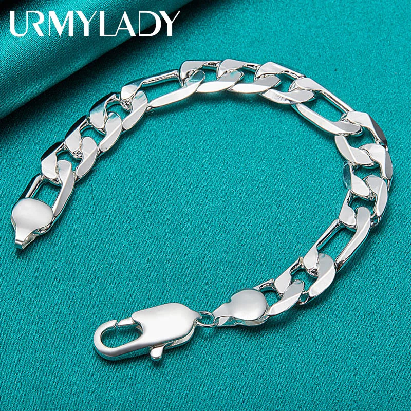 

URMYLADY 925 Sterling Silver 12mm Side Chain Bracelet For Men Women Fashion Wedding Engagement Party Charm Jewelry