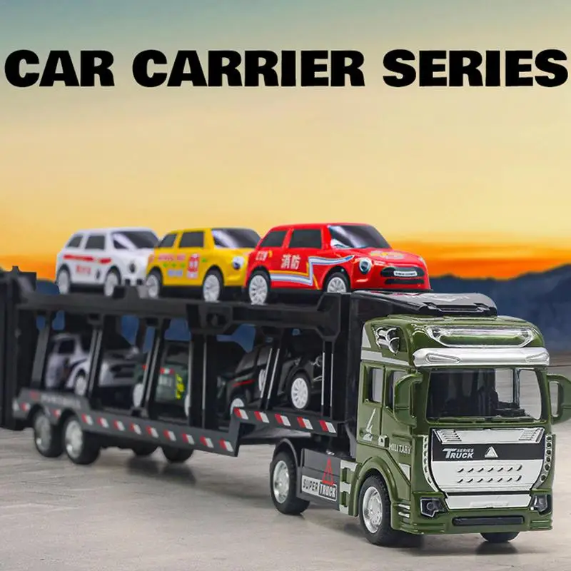 Alloy Car Transporter with 6 Trolleys Trailer Model Toy Double-Deck Detachable Metal Pull Back Toy Boys Christmas Gifts