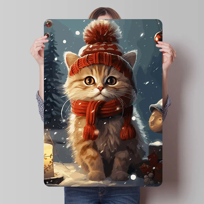 Cat Christmas Tinplate Posters Customizable Wall Art Retro Vintage Metal Signs for Home Room Garage Decoration Gaming Desk Decor