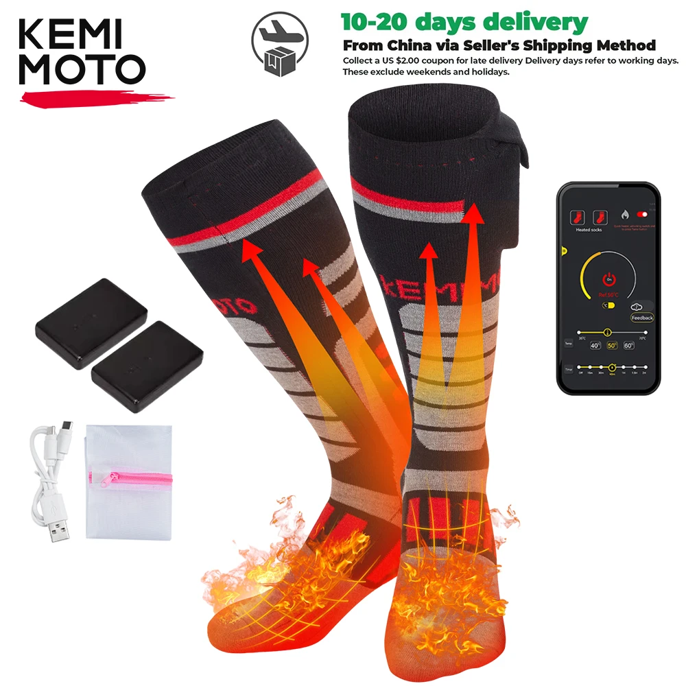 

KEMIMOTO APP Contorl Heated Socks Stocking Thicken Cotton Winter Socks Foot Warmers Rechargeable Battery For Skiing Hunting Moto