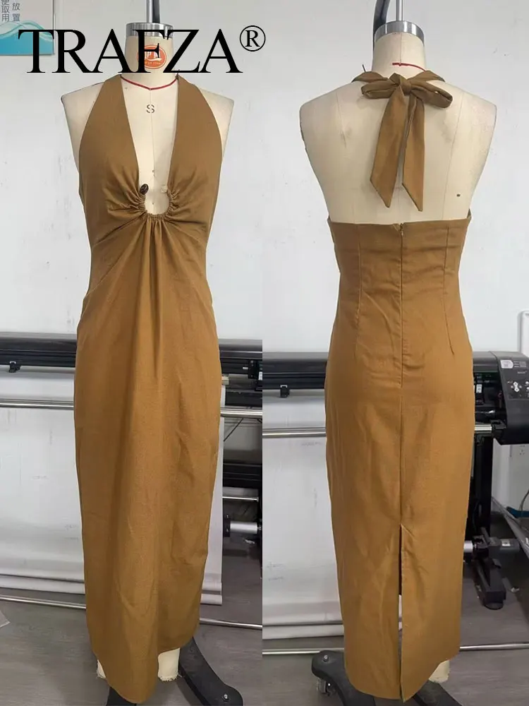 

TRAFZA Summer Female Sexy Linen Midi Dress Sleeveless Halter Buckle Decoration Solid Lace Up Zipper Backless Slim Fashion Dress