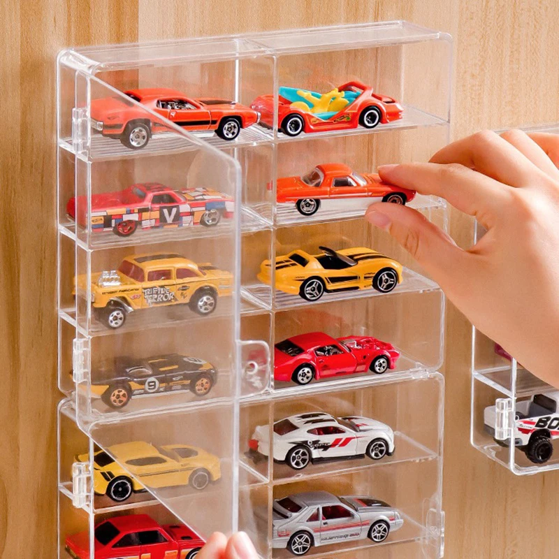 Scatola di visualizzazione per auto in acrilico per modello di auto Armadietto dei giocattoli Scaffale per auto antipolvere Scatola di visualizzazione trasparente da parete adesiva senza punzonatura