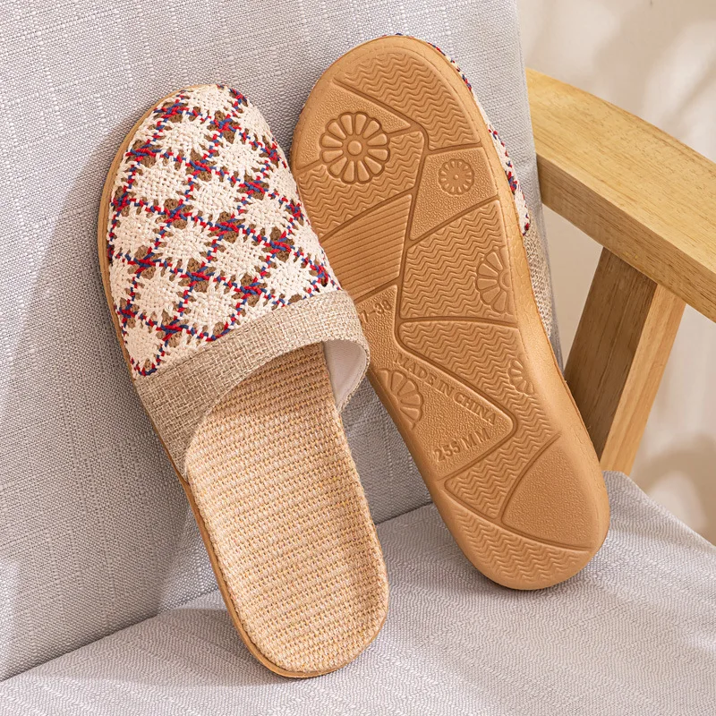 Neue orientalische Flachs-Hausschuhe für Damen, Sommer, für den Innenbereich, Sommer-Holzboden-Hausschuhe für Herren, Frühling und Herbst – Detail 9
