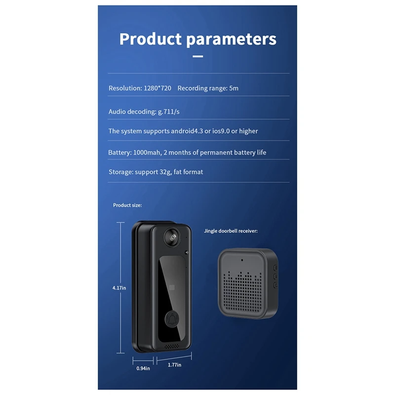 Дверной звонок с визуальным звонком, умный видеодомофон с 125 °   Широкоугольное HD-видео ночного видения поддерживает облачное хранилище