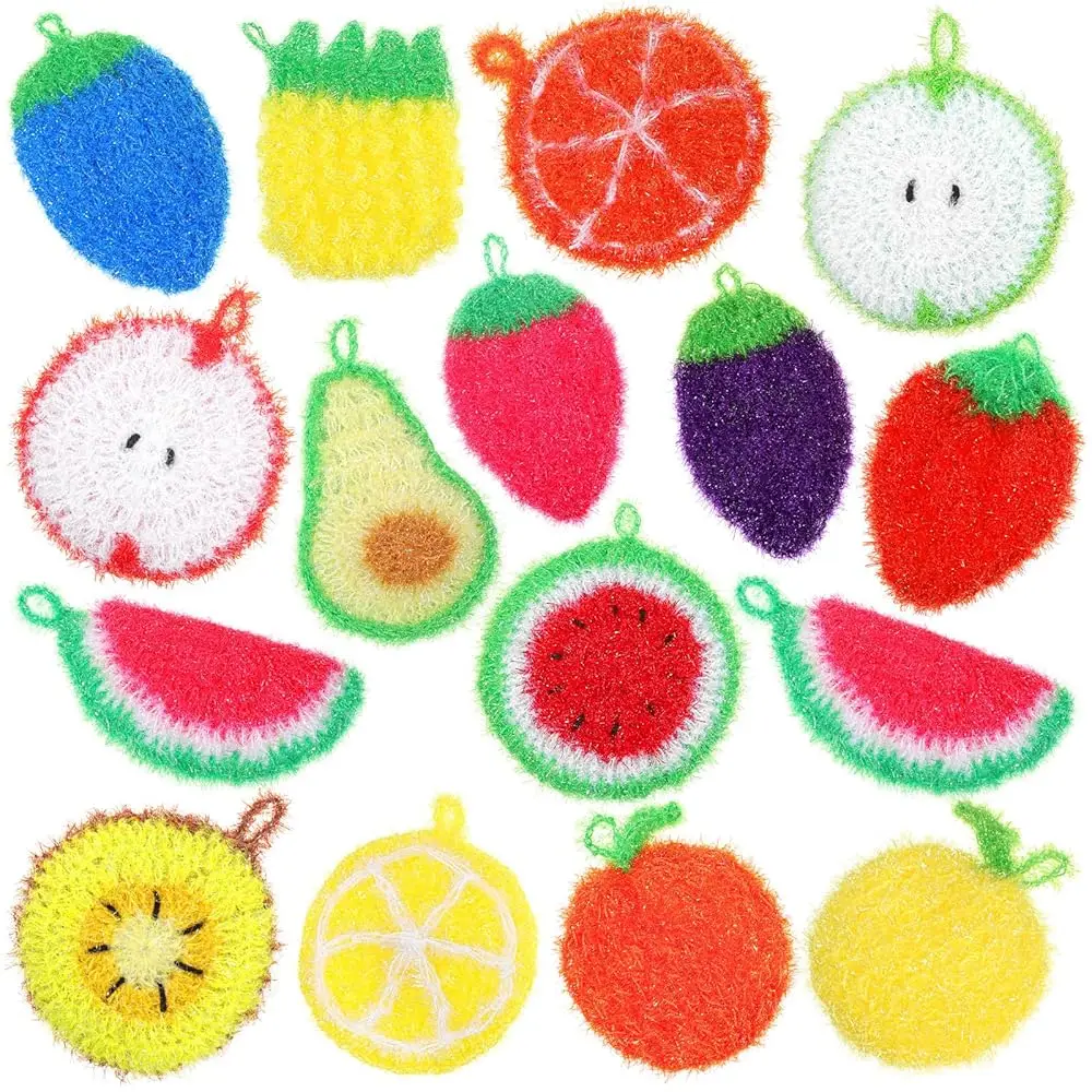 

16pcs Fruit Dish Srubbies,Non Scratch Dishwashing Sponges,Double Layer Reusable Hand-Knitting Kitchen Cleaning Dish Sponge Sc