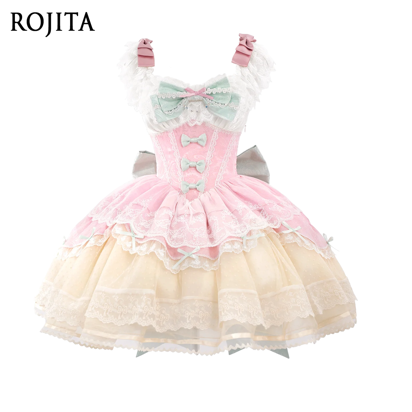 

Lolita Ballet Elegant Jsk Suspender Dress Sweet Lolita JSK Dress Pastel Pink Mint Lace Ruffle Tiered Dress with Bow Decor